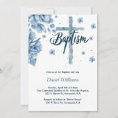 Aquarellkreuz Florals Dusty Blue Boy Taufe Einladung (Vorderseite)
