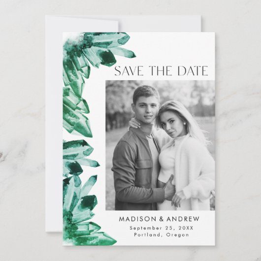 Aquarellkristalle Smaragdgrünes Foto Save The Date (Vorderseite)