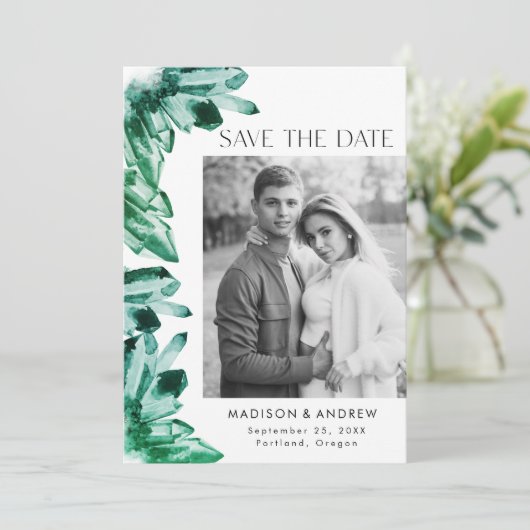 Aquarellkristalle Smaragdgrünes Foto Save The Date (Stehend Vorderseite)