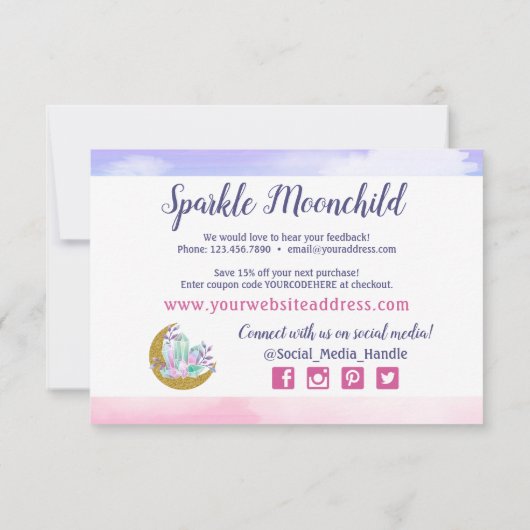 Aquarellkristalle und Goldmond dank Karte (Rückseite)