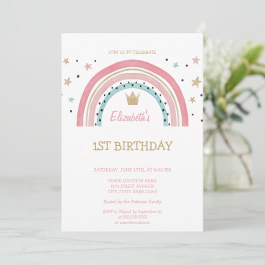 Aquarellkronen Rainbow Striping Birthday Einladung (Stehend Vorderseite)