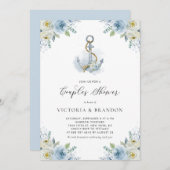 Aquarellkronen und blaue Blumen Paare Dusche Einladung (Vorne/Hinten)