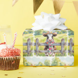 Aquarellkuh mit floralem Hut Geschenkpapier