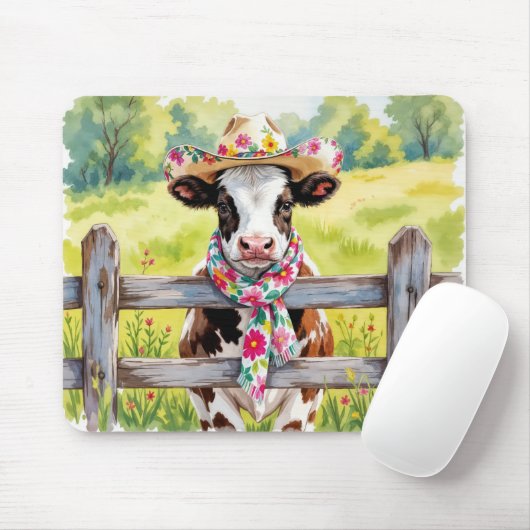 Aquarellkuh mit floralem Hut Mousepad (Mit Mouse)