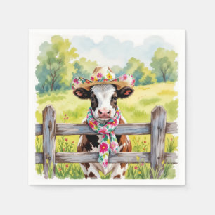 Aquarellkuh mit Sommerhut Serviette