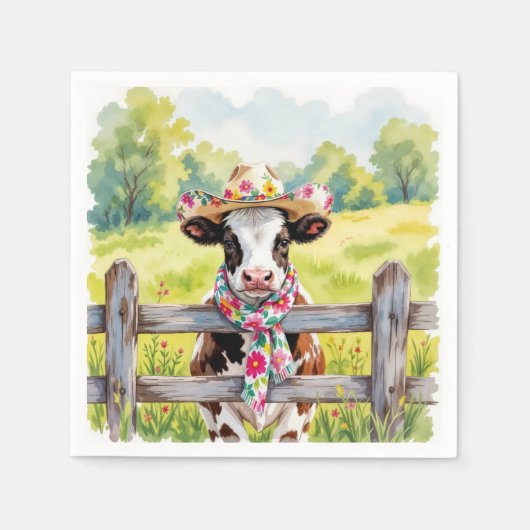 Aquarellkuh mit Sommerhut Serviette (Vorderseite)