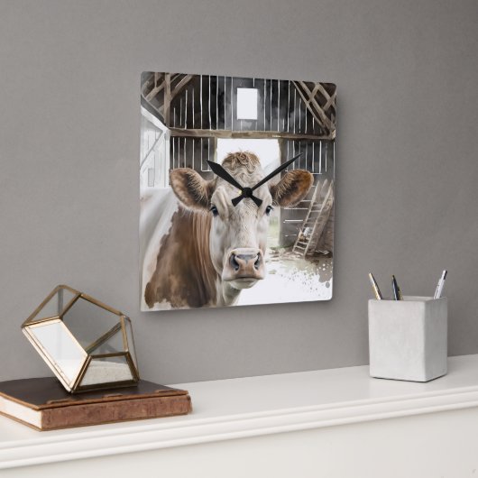 Aquarellkühe Hereford in Barn Quadratische Wanduhr (Büro)