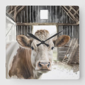 Aquarellkühe Hereford in Barn Quadratische Wanduhr (Vorderseite)