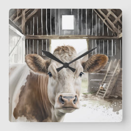Aquarellkühe Hereford in Barn Quadratische Wanduhr