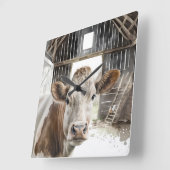 Aquarellkühe Hereford in Barn Quadratische Wanduhr (Winkel)