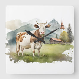 Aquarellkühe im Bergtal Quadratische Wanduhr
