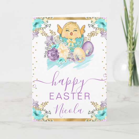 Aquarellküken und Blume Frohe Ostern Karte (Vorderseite)