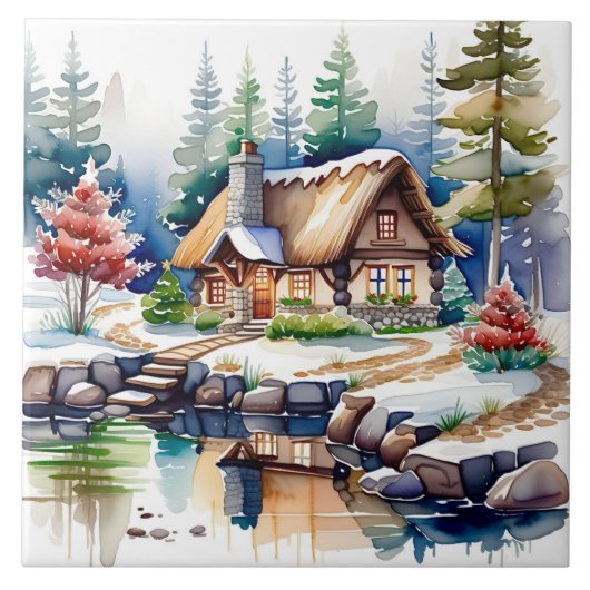 Aquarellkunst einer Hütte im Wald Fliese (Vorderseite)
