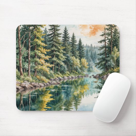 Aquarellkunst eines Flusses in einem Wald Mousepad (Mit Mouse)