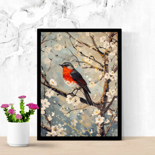 Aquarellkunst Gemalter Vogel im Baum Weiße Blumen Poster