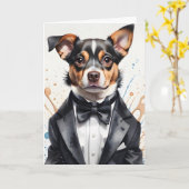 Aquarellkunst Niedlicher Hund Tuxedo Schwarzer Bow Karte (Gelbe Blume)