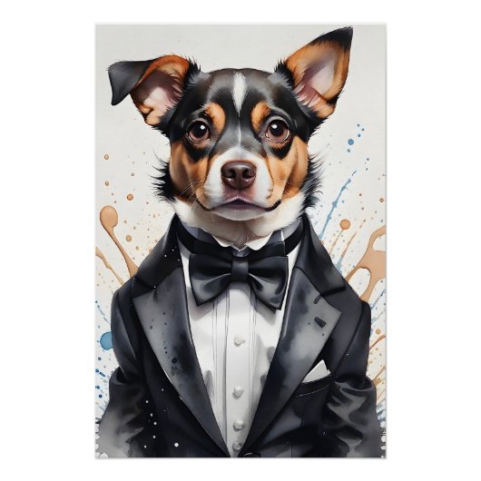 Aquarellkunst Niedlicher Hund Tuxedo Schwarzer Bow Poster (Vorderseite)