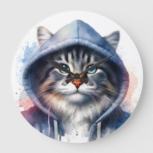 Aquarellkunst Tabby Katze im Hoodie-Spritzer Große Wanduhr (Vorderseite)