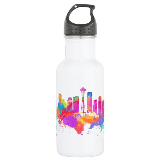 Aquarellkunstdruck der Skyline von Seattle USA Trinkflasche (Vorderseite)
