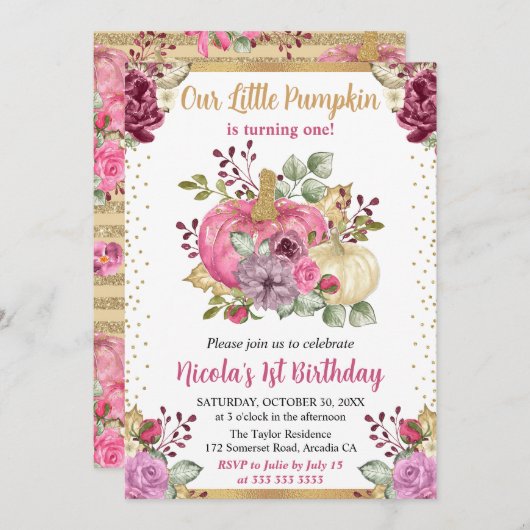 Aquarellkürbis Herbst 1. Geburtstag Einladung (Vorne/Hinten)