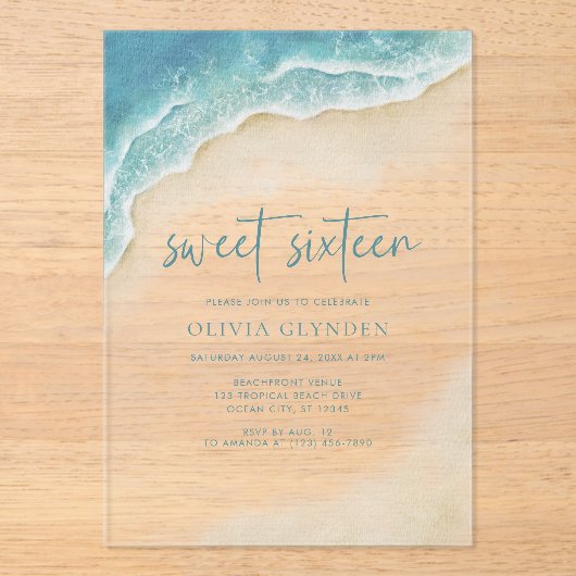 Aquarellküste 16 . Geburtstag Acryleinladungen (Vorderseite)