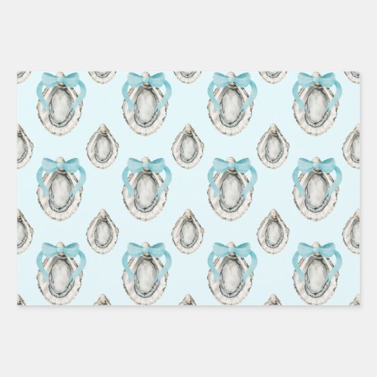 Aquarellküste Austern Blauer Bow Geschenkpapier Set (Vorderseite)
