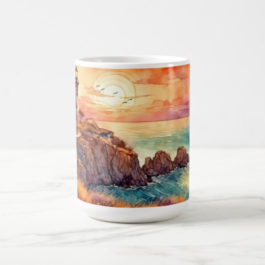 Aquarellküste Leuchtturm & Katze Kaffeetasse (Mittel)