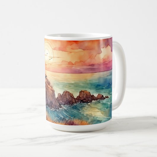 Aquarellküste Leuchtturm & Katze Kaffeetasse (VorderseiteRechts)