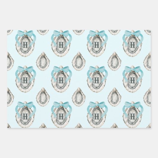 Aquarellküstenaustern Blue Bow Monogram Geschenkpapier Set (Vorderseite 2)