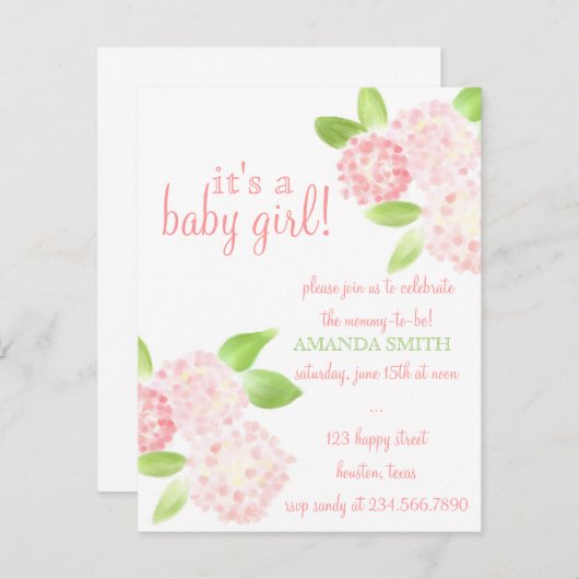 Aquarellladen rosa Hydrangea-Babyparty ein Einladung (Vorne/Hinten)