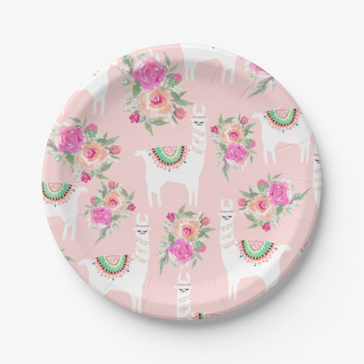 Aquarelllama auf Korallenrosa Pappteller (Vorderseite)