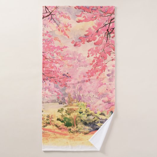 Aquarelllandschaft rosa rote Blume von W Badehandtuch (Badehandtuch)