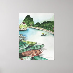 Aquarelllandschaft, Vietnam, Tam Coc Poster Flye Leinwanddruck