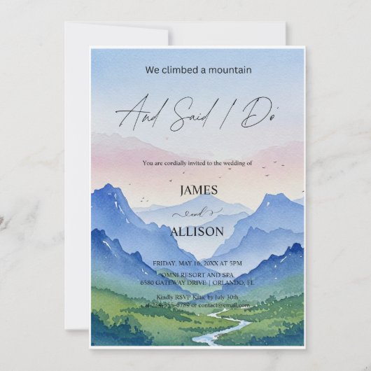 Aquarelllandschaften und Berge Hochzeit Einladung (Vorderseite)