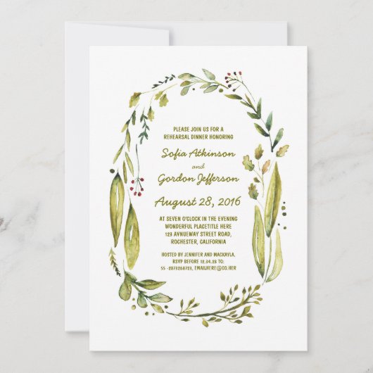 Aquarelllaurel rustikale Probe Abendessen Einladung (Vorderseite)
