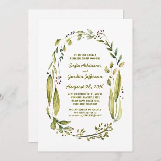 Aquarelllaurel rustikale Probe Abendessen Einladung (Vorne/Hinten)