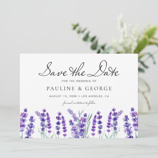 Aquarelllavender Blume Floral Bouquet Save The Date (Stehend Vorderseite)