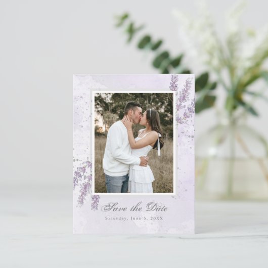 Aquarelllavender Blume Hochzeit speichern das Datu Postkarte (Stehend Vorderseite)