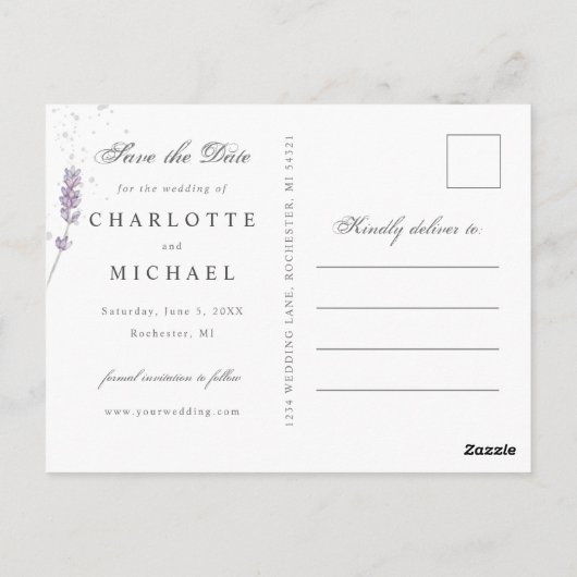 Aquarelllavender Blume Hochzeit speichern das Datu Postkarte (Rückseite)