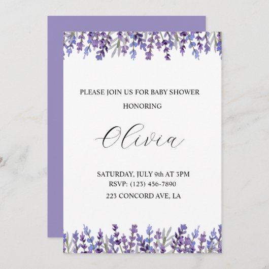 Aquarelllavender Blume Kinderdusche Einladung (Vorne/Hinten)