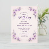 Aquarelllavender Blush Rose 40. Geburtstag Einladung (Stehend Vorderseite)