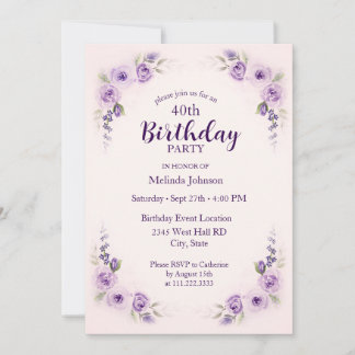 Aquarelllavender Blush Rose 40. Geburtstag Einladung