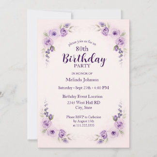 Aquarelllavender Blush Rose 80. Geburtstag Einladung