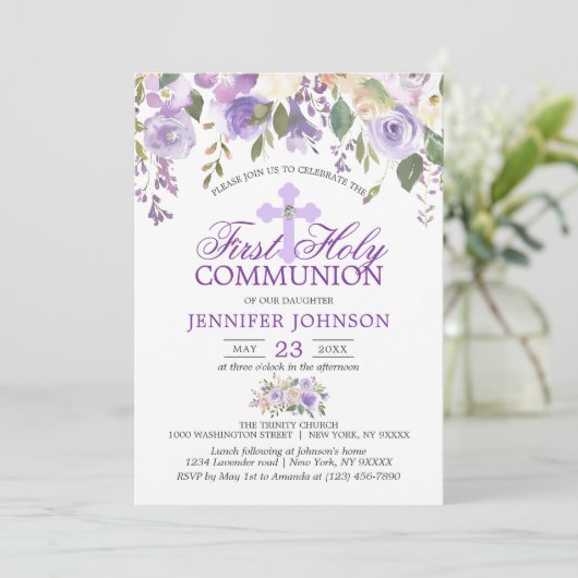 Aquarelllavender Erste Heilige Kommune Einladung (Stehend Vorderseite)