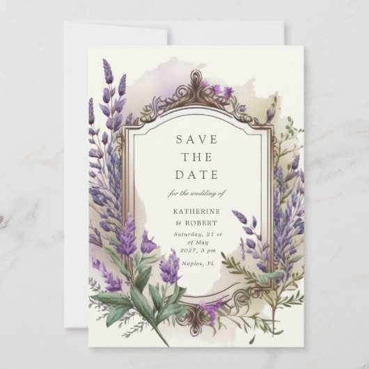 Aquarelllavender Floral Regal Save the Date Einladung (Vorderseite)