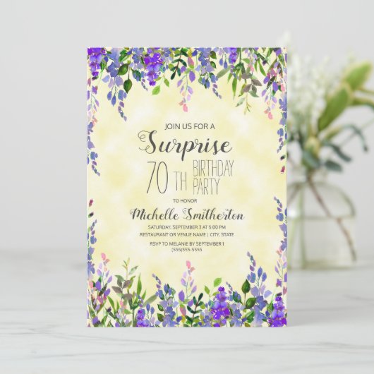 Aquarelllavender Gelbe Überraschung 70. Geburtstag Einladung (Stehend Vorderseite)
