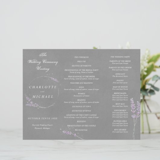 Aquarelllavender grau Hochzeitsprogramm (Stehend Vorderseite)