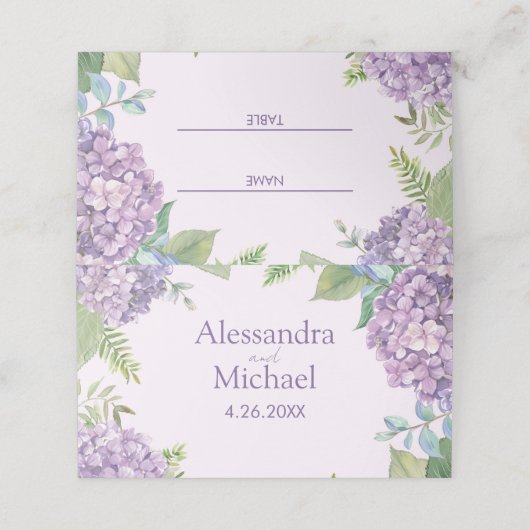 Aquarelllavender Hydrangea Blume Fern Wedding Platzkarte (Außenseite Aufgefaltet)