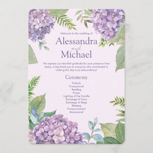 Aquarelllavender Hydrangea Blume Fern Wedding Programm (Vorderseite)