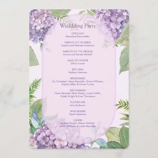 Aquarelllavender Hydrangea Blume Fern Wedding Programm (Rückseite)